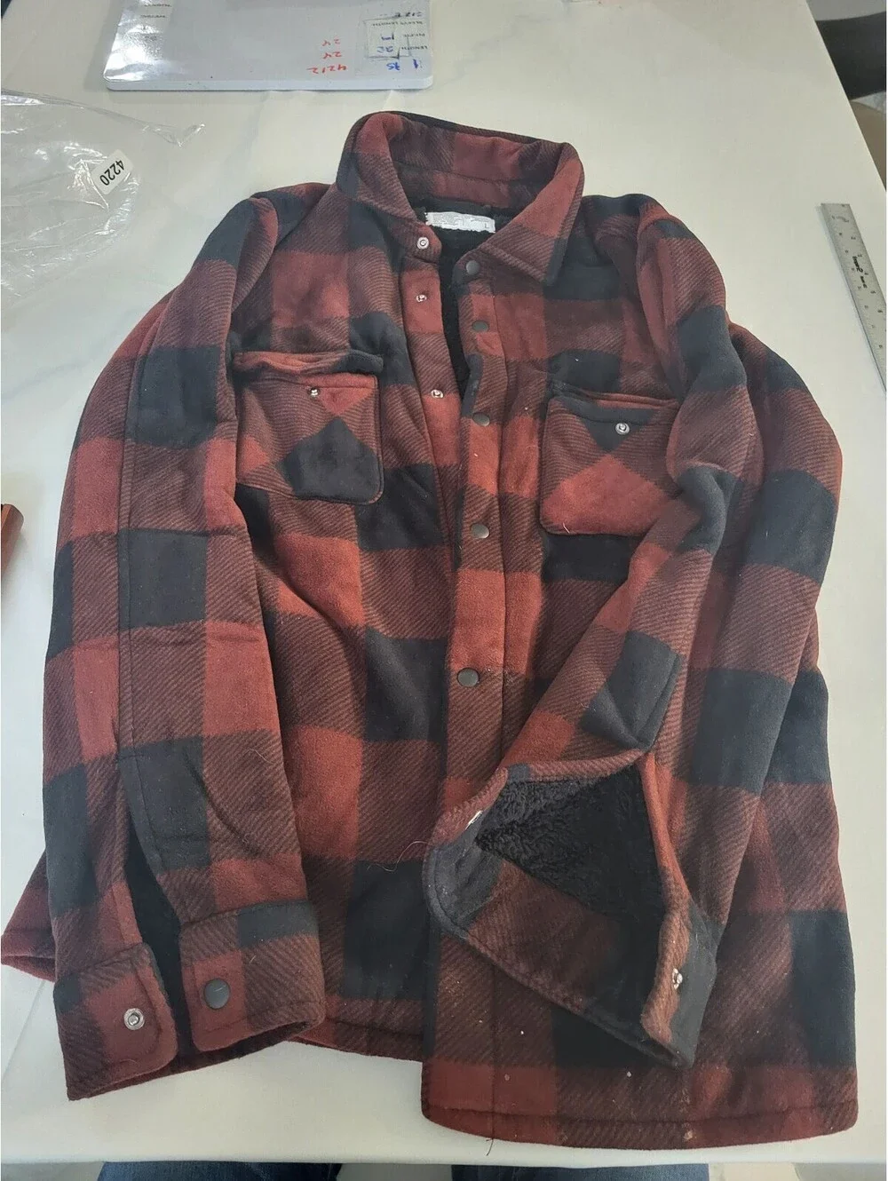 Sonoma Men's Large Red and Black Plaid Sherpa-Lined  Shirt Jacket